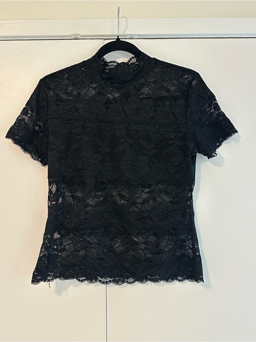 Guess Black Lace Mock Neck Short Sleeve Top